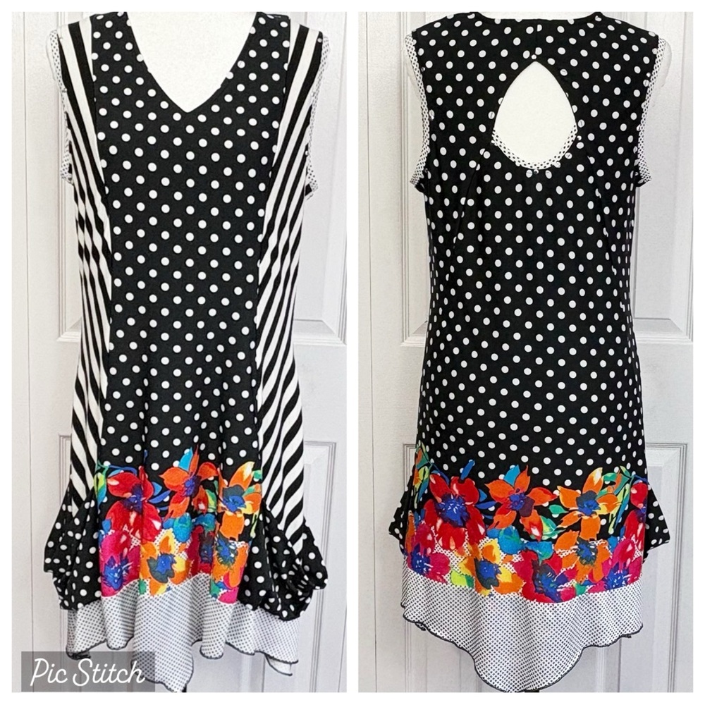 Tango Mango Black & White Polka Dot Stripe Floral Mixed Media Mini Dress